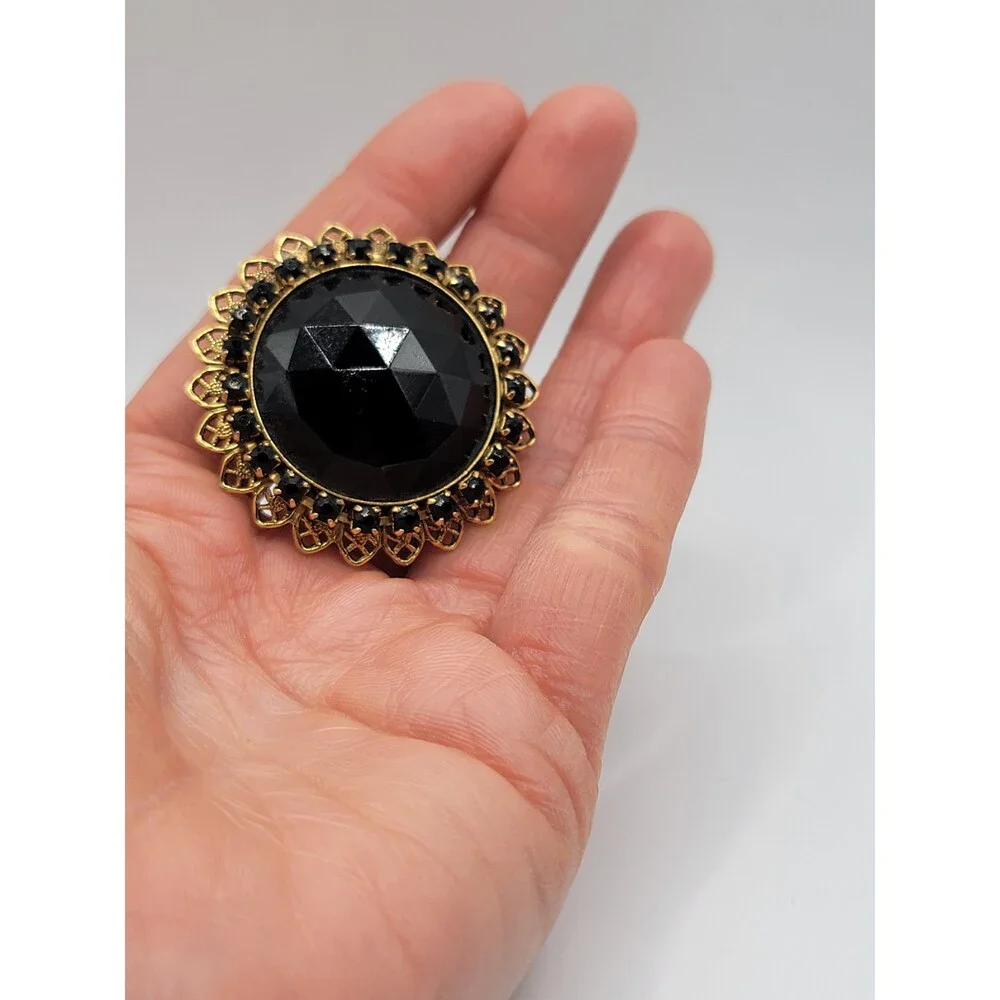 Vintage Black Faceted Glass Rhinestone Filigree Brooch Pendant